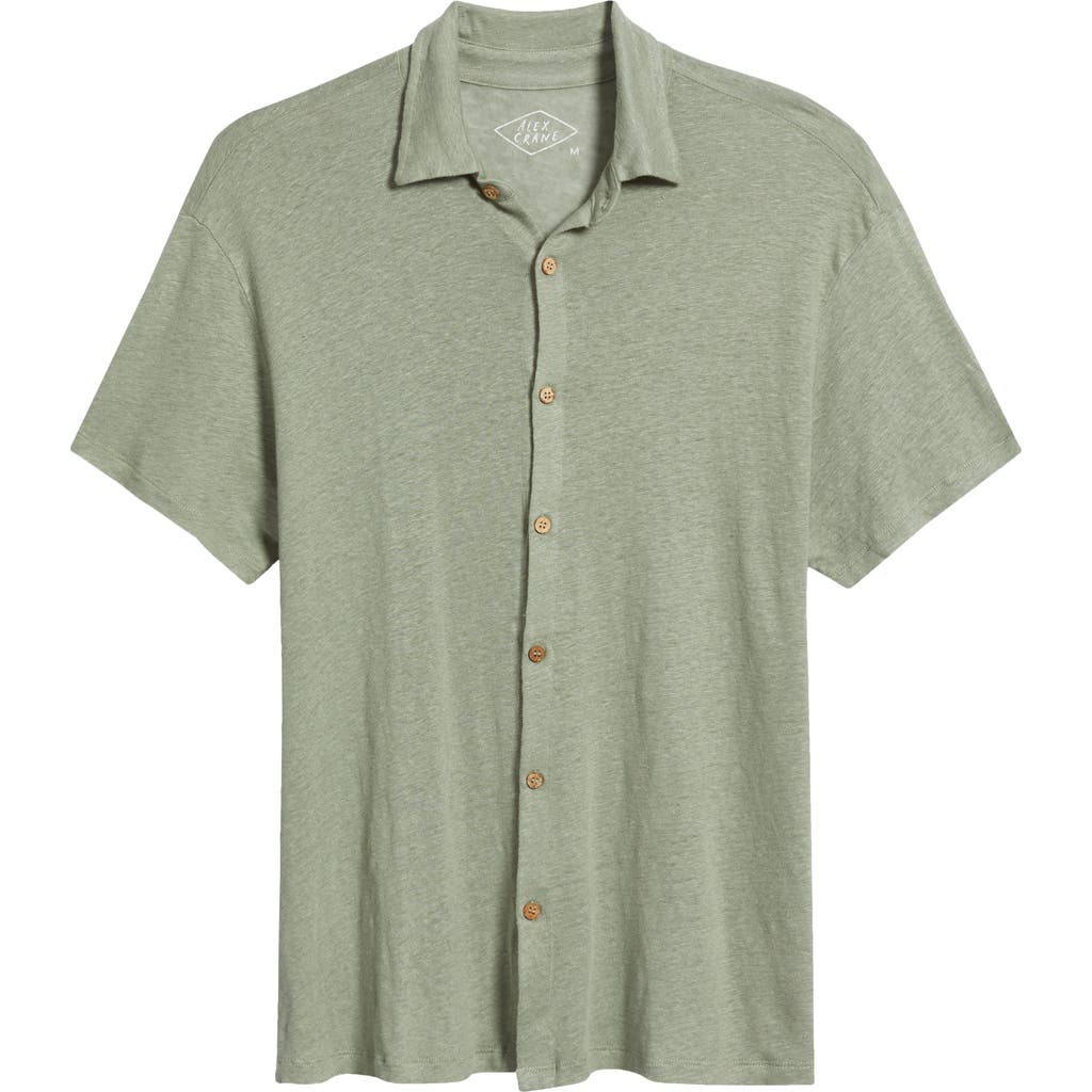 Alex Crane Ola Linen Knit Short Sleeve Button-up In Moss