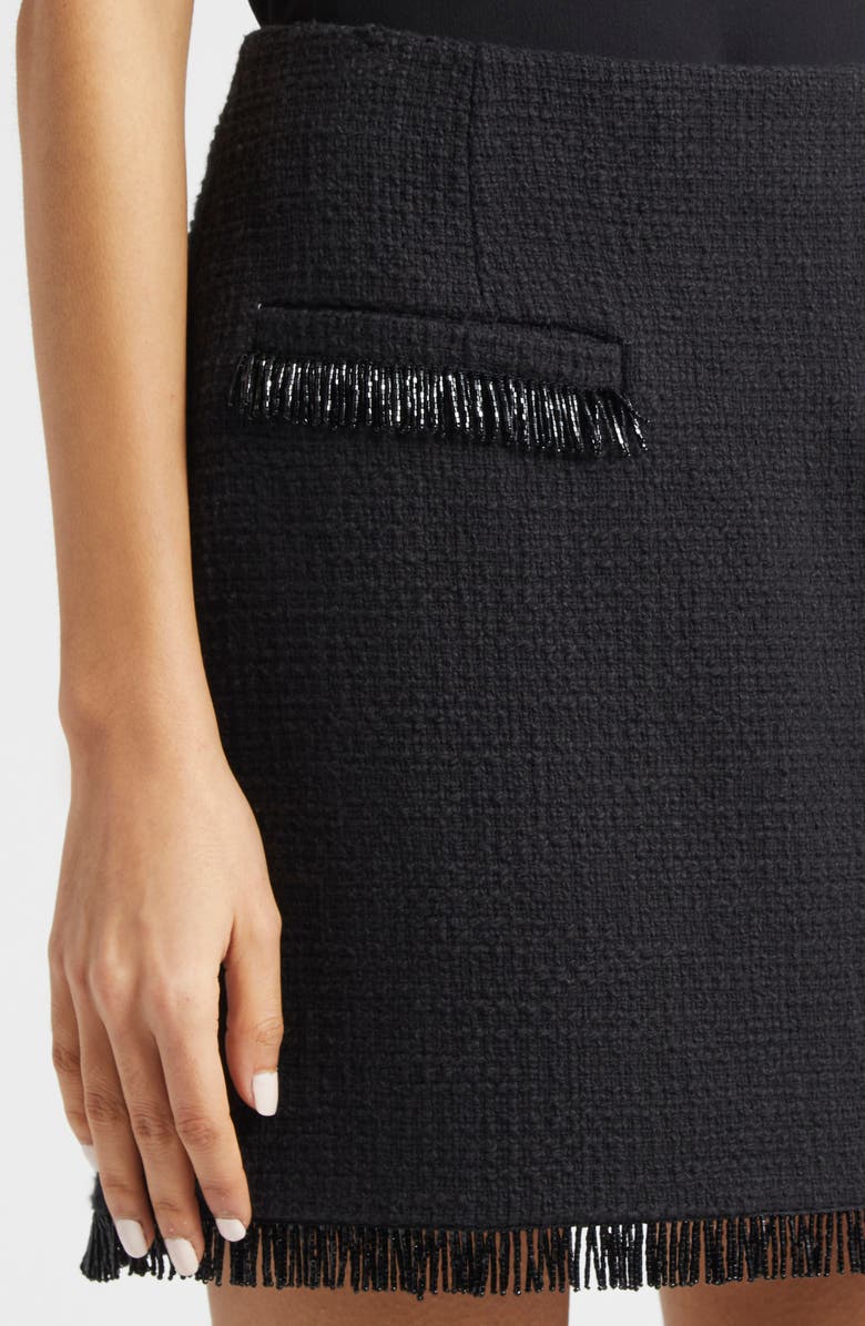 Cinq à Sept Kimmie Crystal Fringe Cotton Tweed Miniskirt, Alternate, color, Black