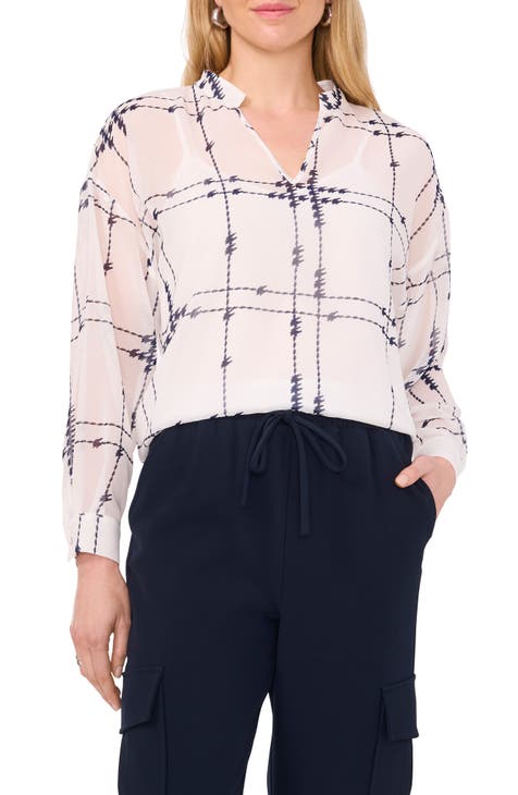 Windowpane Long Sleeve Chiffon Top