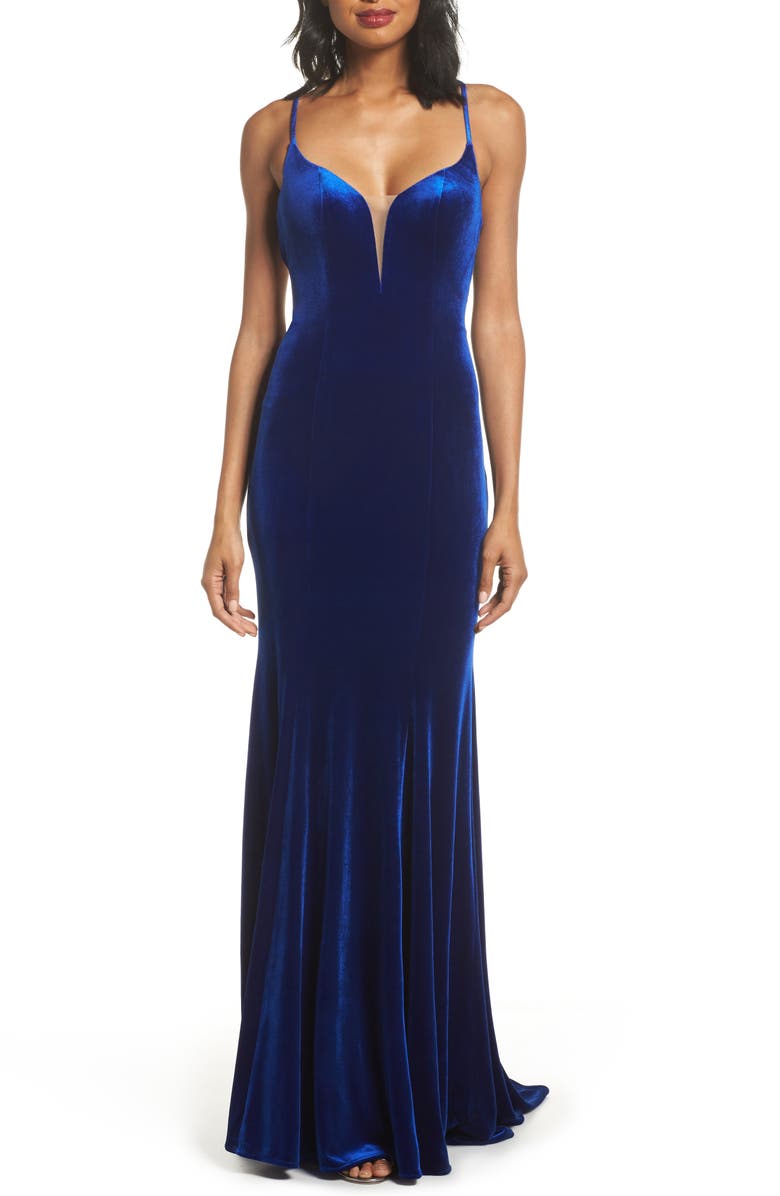 La Femme Crisscross Back Velvet Trumpet Gown, Main, color, 