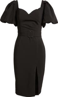 NIKKI LUND Bonnie Puff Sleeve Belted Sheath Dress