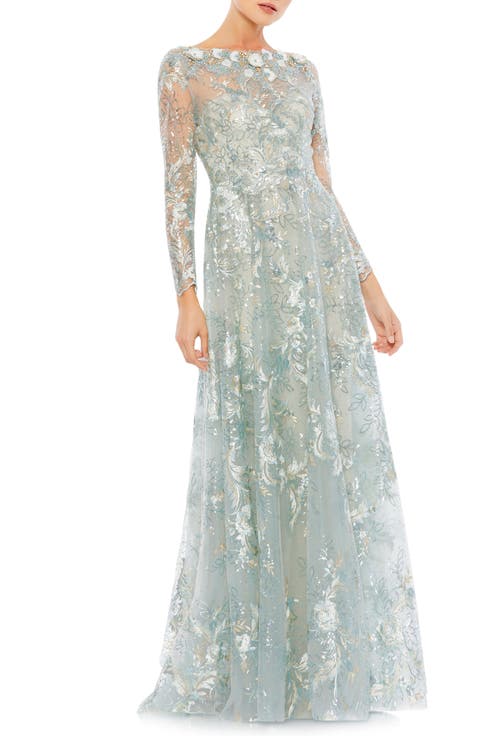 Floral Rhinestone Embroidered Sweetheart Illusion Long Sleeve Gown