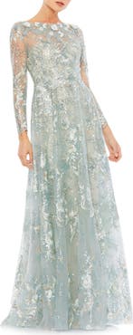 Mac Duggal Floral Rhinestone Embroidered Sweetheart Illusion Long Sleeve Gown