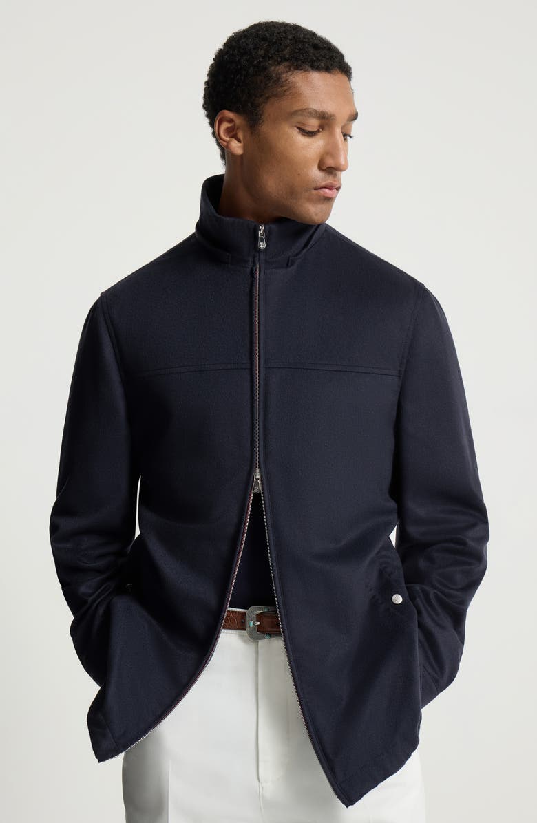 Brunello Cucinelli Lightweight cashmere flannel biker jacket, Alternate, color, Navy Blue