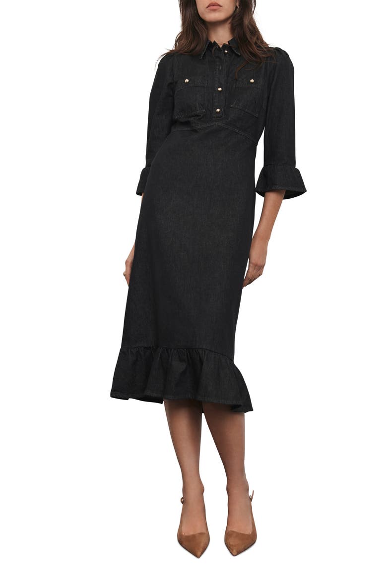 Denim Belted Midi Shirt Dress, Main, color, Black