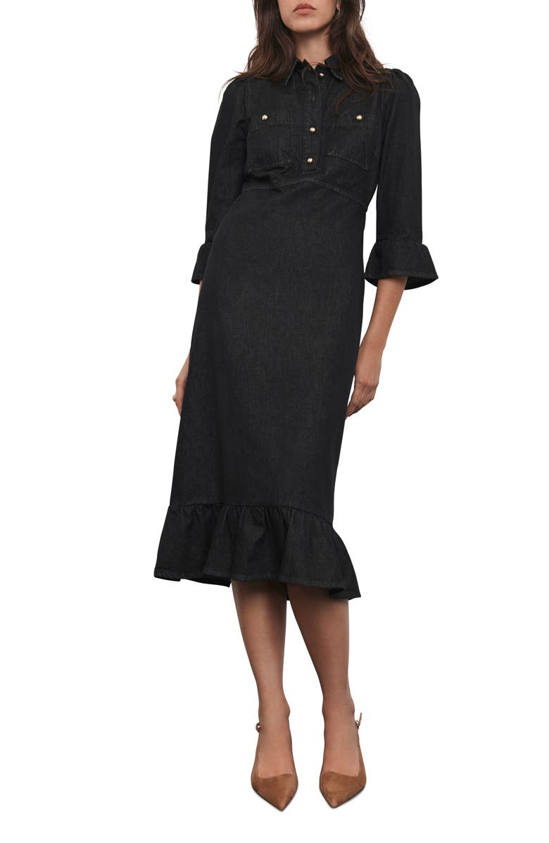 MINT VELVET Denim Belted Midi Shirt Dress, Main, color, Black