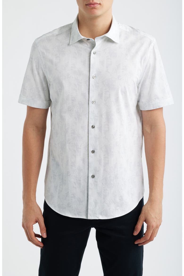 Miles OoohCotton® Printed Short Sleeve Button-Up Shirt, Main, color, PLATINUM