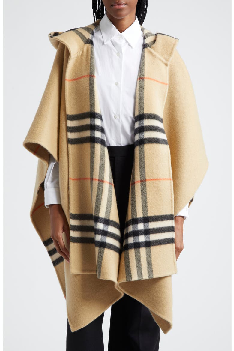 Check/EKD Reversible Hooded Cashmere Cape, Main, color, SAND/SAND