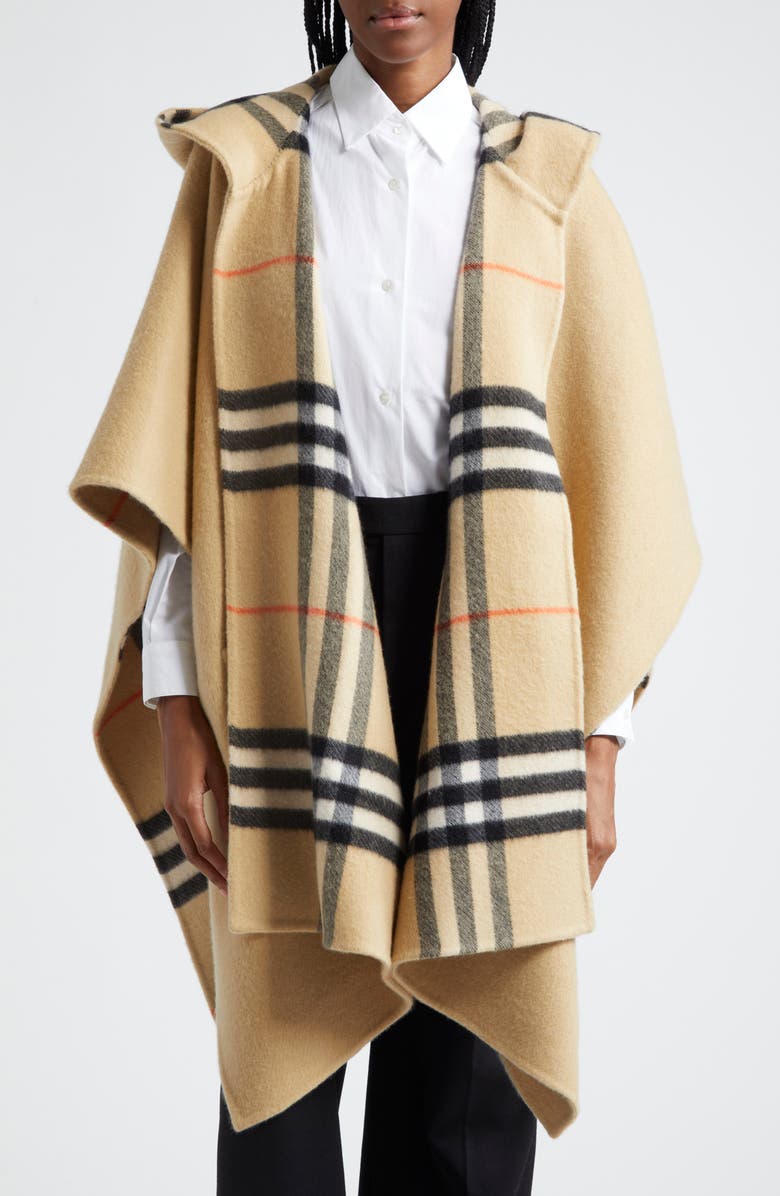 Burberry Check/EKD Reversible Hooded Cashmere Cape, Main, color, 