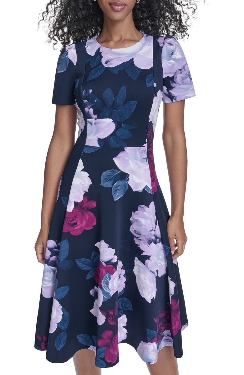 Calvin Klein Floral Fit & Flare Midi Dress, Alternate, color, Indigo/ Regal Multi