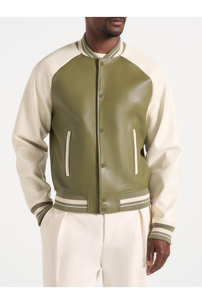 Guy Contrast Leather Bomber Jacket, Alternate, color, Olive/Cream