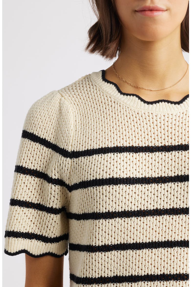 Stripe Scallop Edge Short Sleeve Sweater, Alternate, color, IVORY/ BLACK
