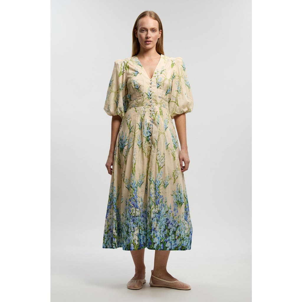 Karen Millen Floral Puff Sleeve Midi Dress in Blue at Nordstrom, Size 4