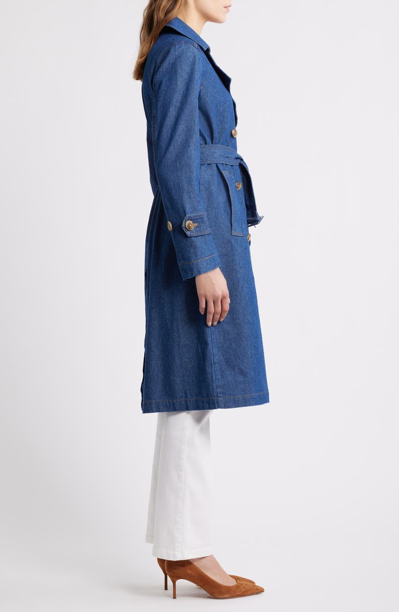 Anne Klein Chambray Double Breasted Belted Trench Coat, Alternate, color, Aries Wash