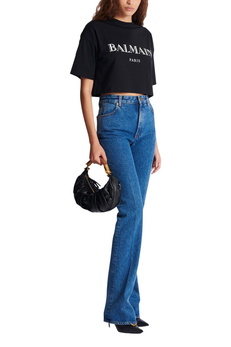 Boxy Cropped T-Shirt with Balmain Print, Alternate, color, black