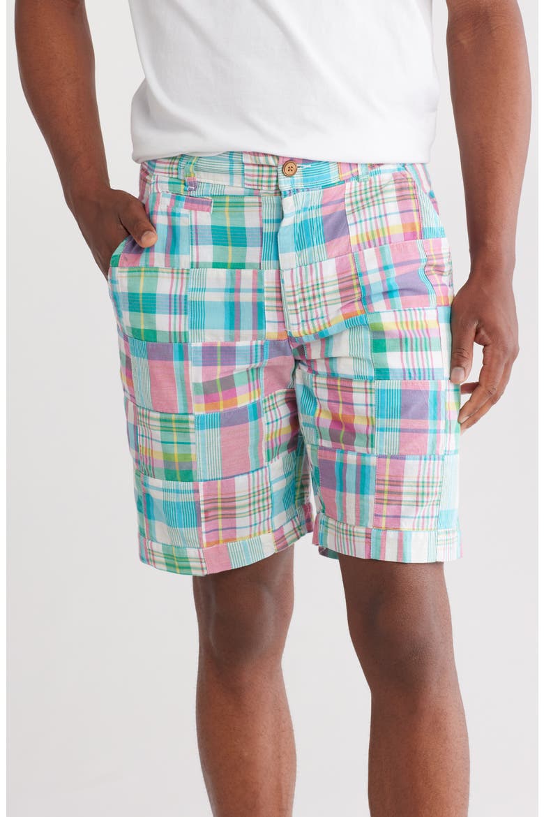 Acid Wash Patchwork Madras Plaid Shorts, Main, color, SKY BLUE