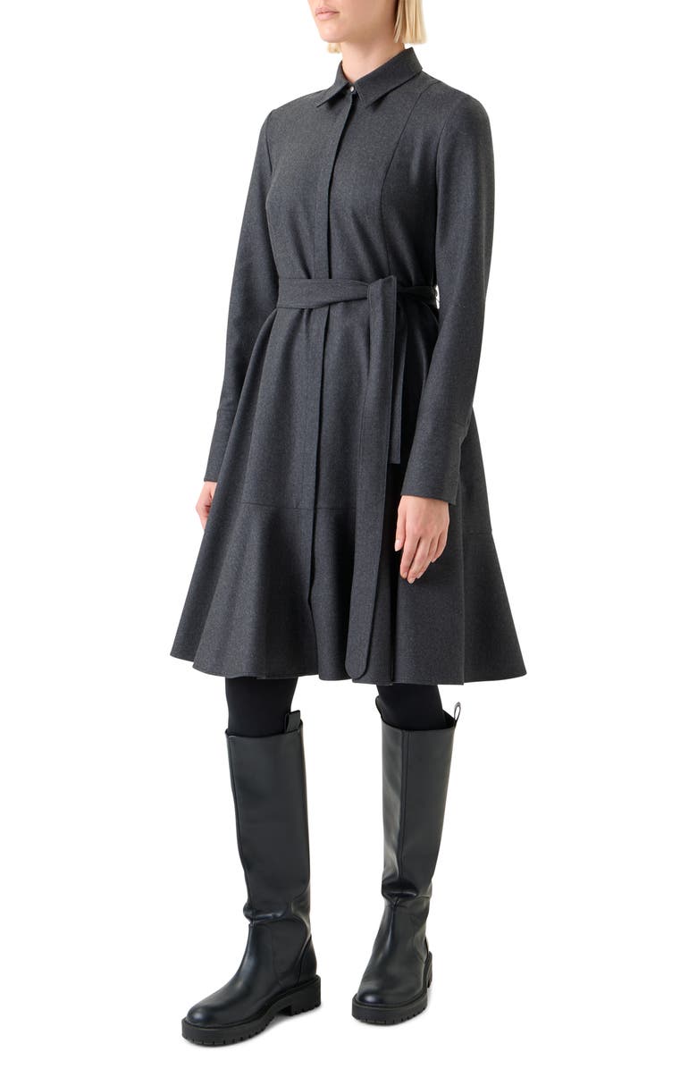 Akris punto Long Sleeve Belted Virgin Wool Flannel Shirtdress, Alternate, color, Charcoal