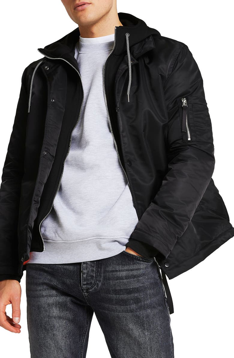 River Island Mixed Media Hooded Coach's Jacket, Main, color, 