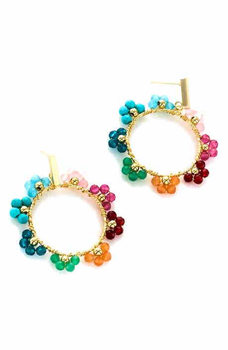 Multi Beaded Flower Circle Drop Earrings