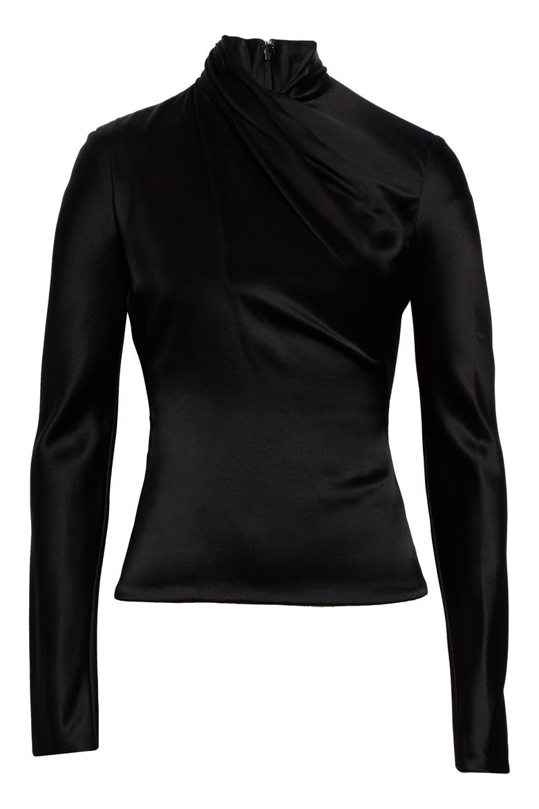 Drape High Neck Long Sleeve Silk Blouse, Alternate, color, BLACK