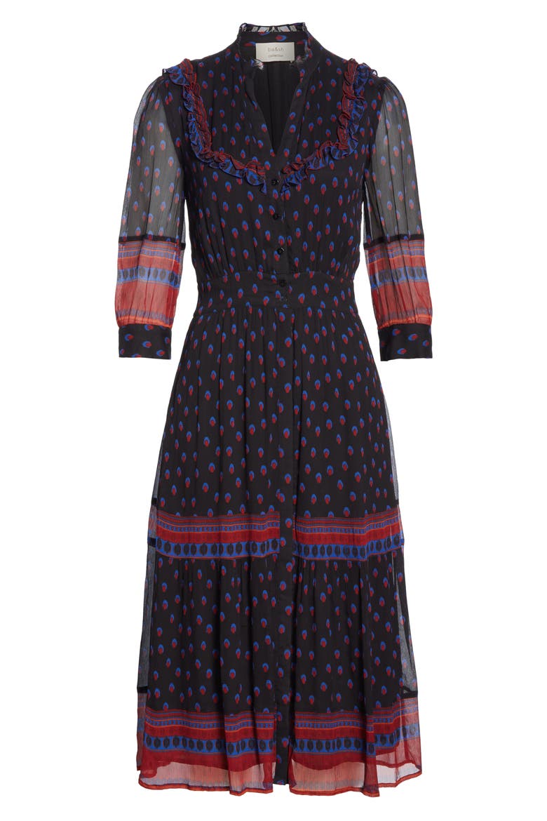 Barie Ruffle Print Midi Dress, Alternate, color, BLACK