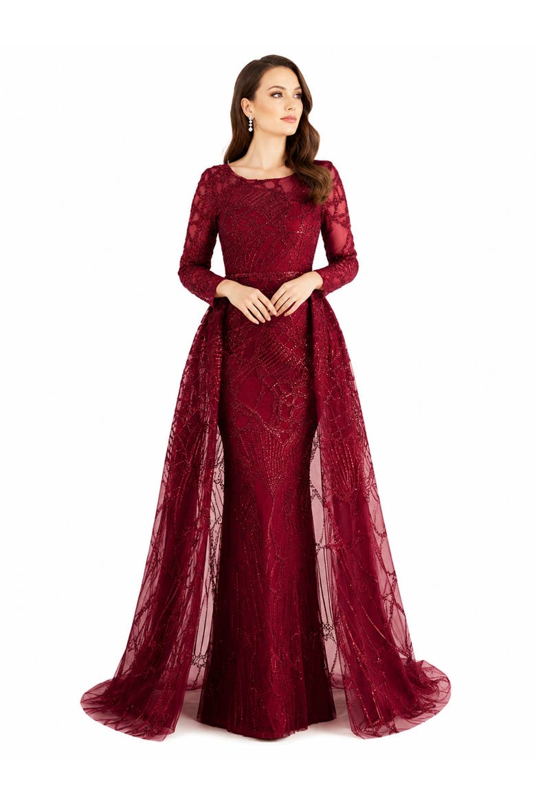 Beaded Faux-Wrap V-Neck Bridal Gown, Alternate, color, Dark Red