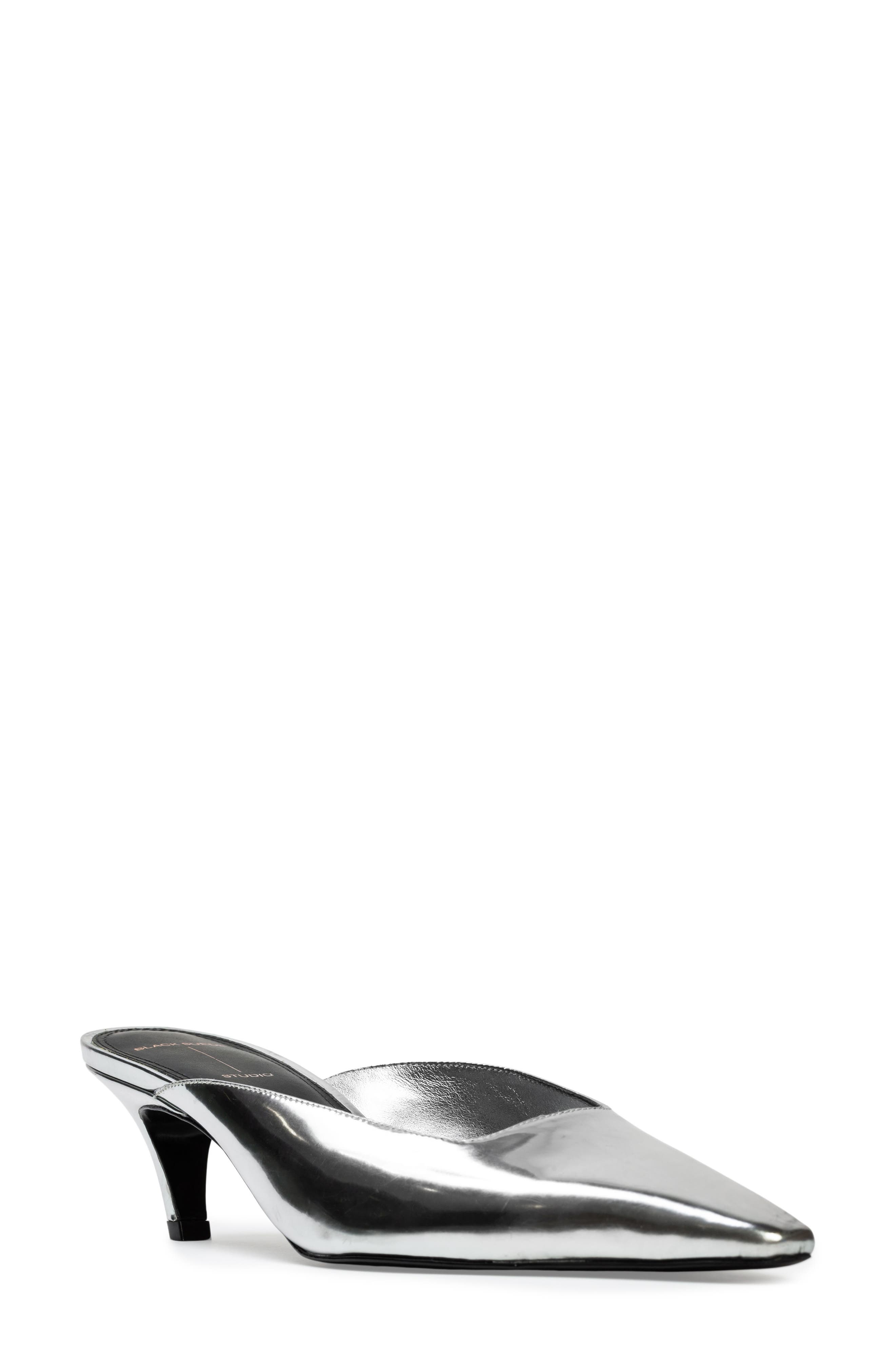 BLACK SUEDE STUDIO Logan Kitten Heel Mule, Main, color, Silver