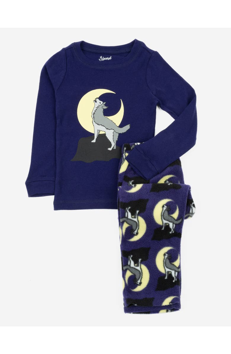 Leveret Kids Cotton Top & Fleece Pants Printed Matching Family Holiday Pajamas, Main, color, Wolf