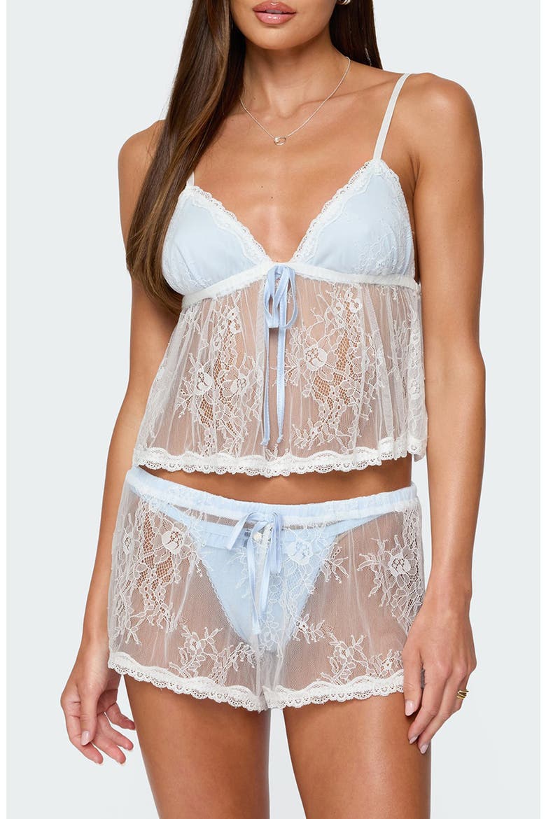 Laina Contrast Sheer Lace Babydoll Top, Main, color, BLUE-AND-WHITE