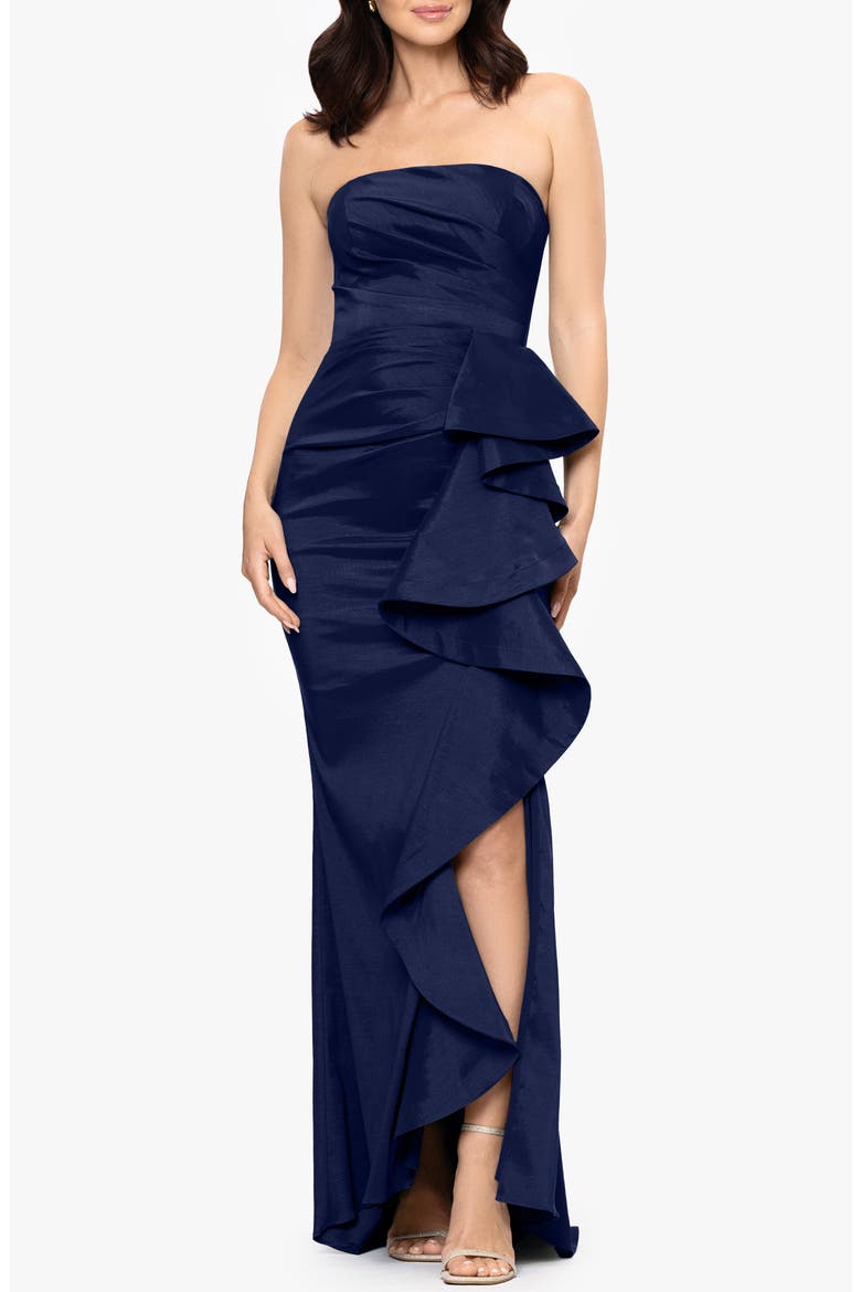 Strapless Cascade Ruffle Gown, Main, color, NAVY
