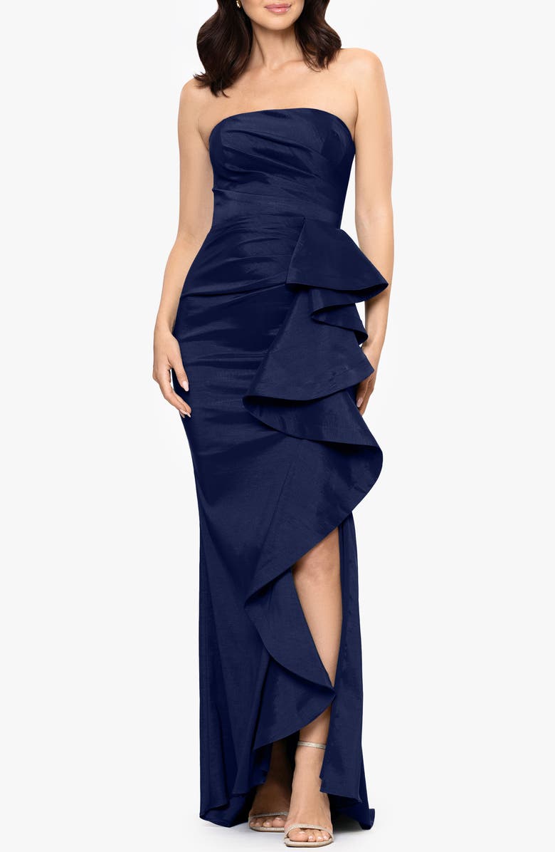 Betsy & Adam Strapless Cascade Ruffle Gown, Main, color, Navy