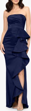 Betsy & Adam Strapless Cascade Ruffle Gown