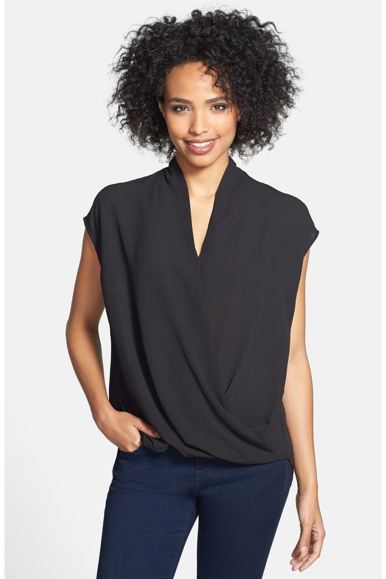 Print Faux Wrap Front Blouse, Main, color, BLACK