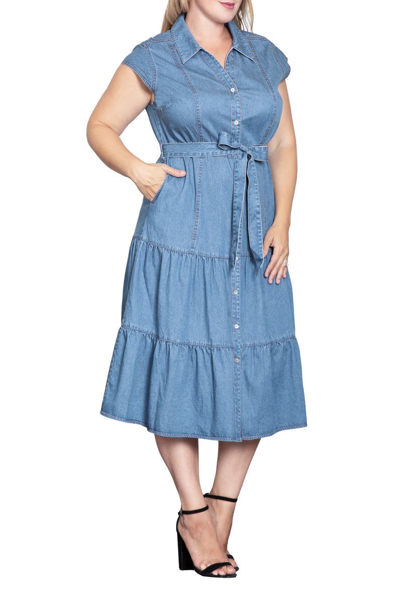 Tiered Denim Midi Shirtdress, Alternate, color, BLUE RINSE