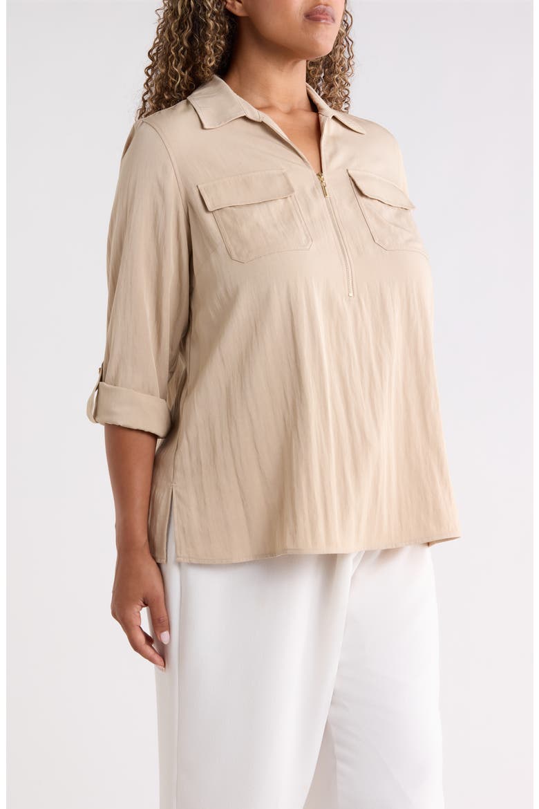 Half Zip Roll Tab Sleeve Top, Alternate, color, SAFARI