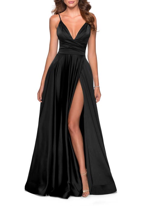 Long Satin Dress with Side Slit and V Shaped Back