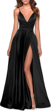 La Femme Long Satin Dress with Side Slit and V Shaped Back