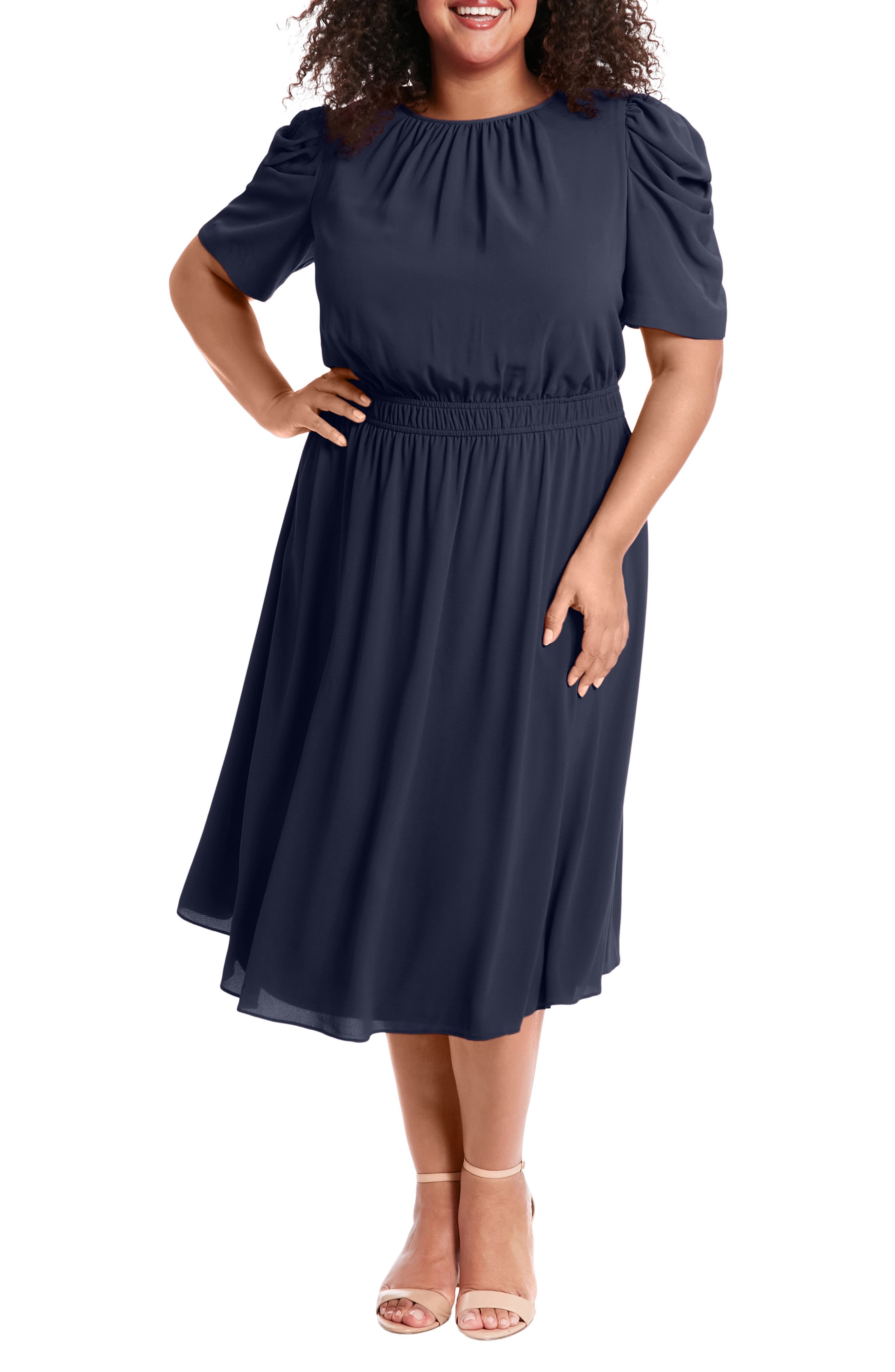 London Times Shirred Crewneck Midi Dress