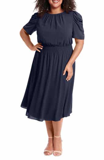 London Times Shirred Crewneck Midi Dress
