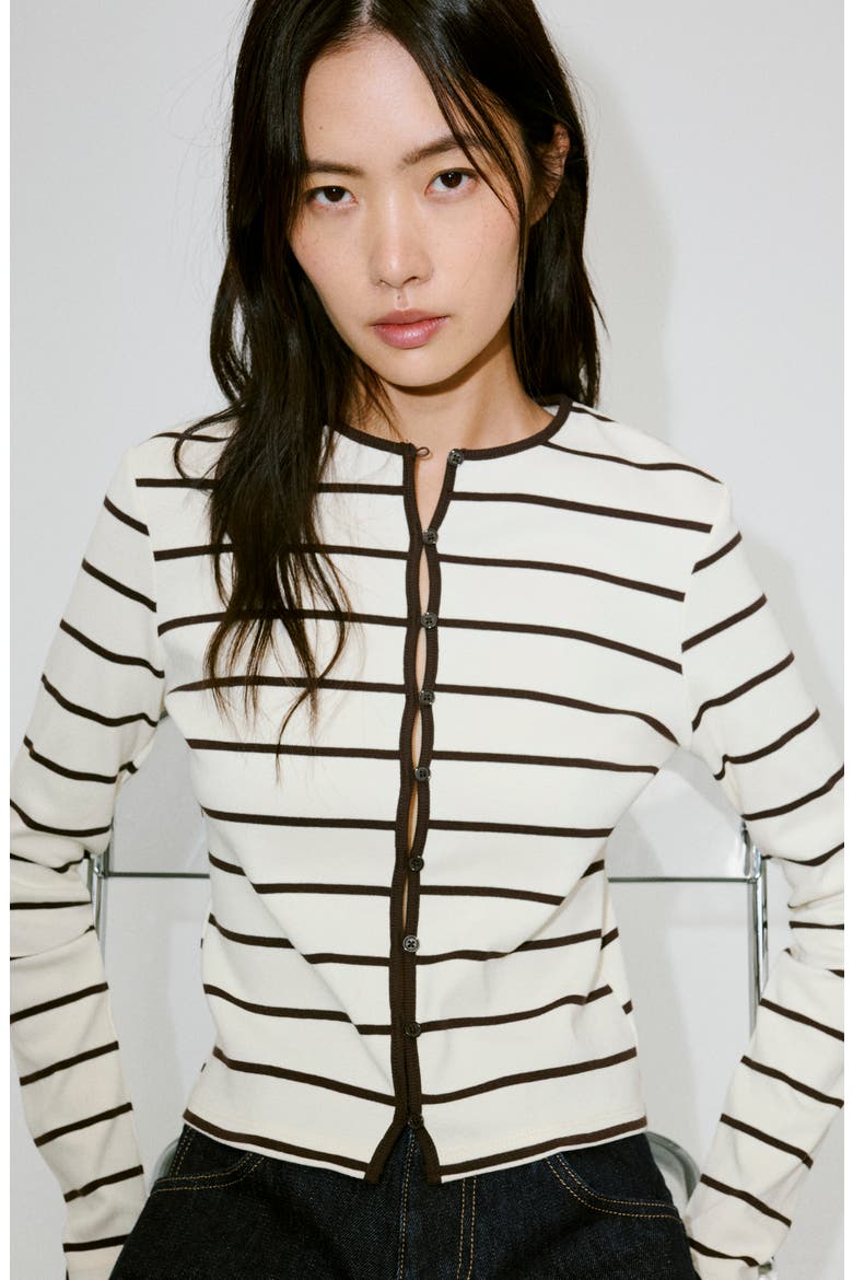 Stripe Button & Loop Cotton Cardigan, Alternate, color, ECRU
