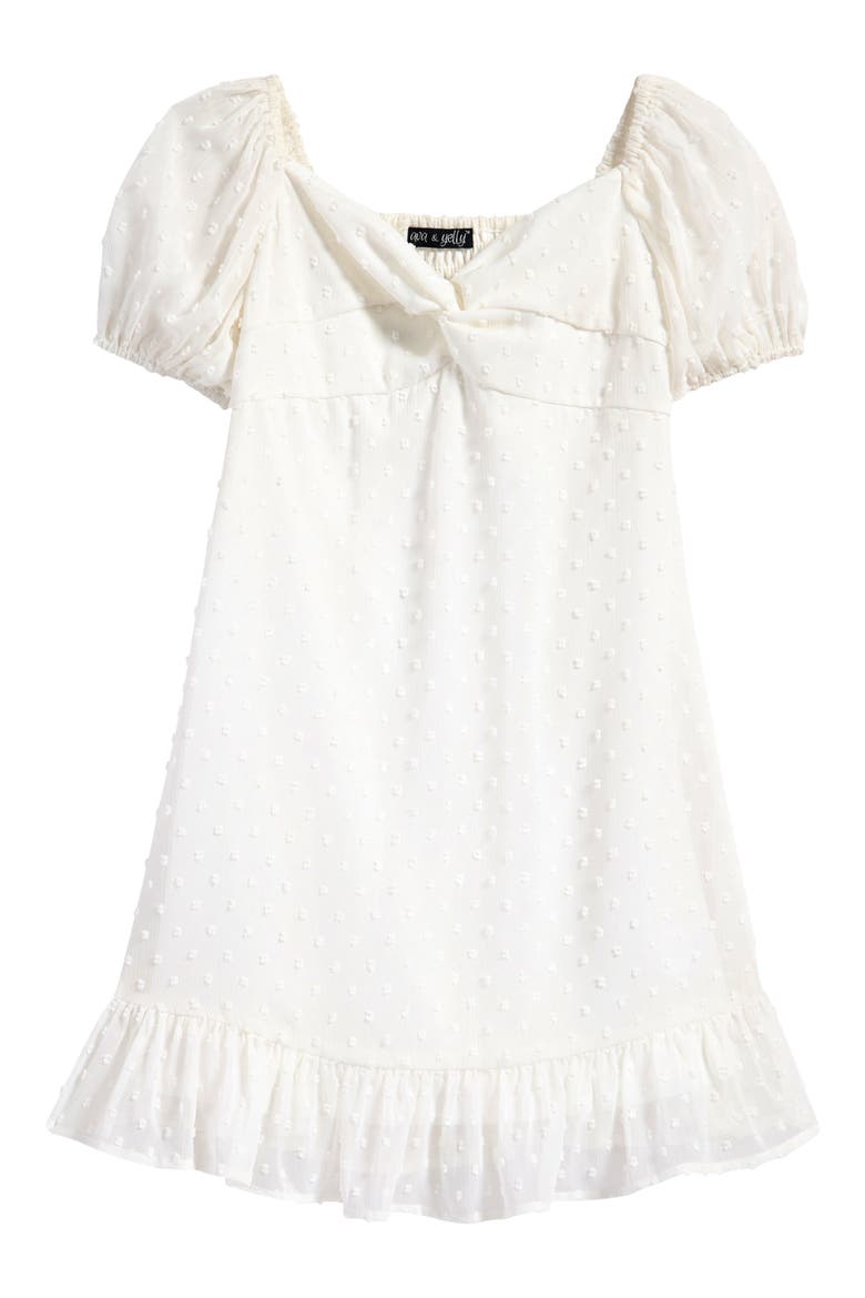 Kids' Twist Front Clip Dot Party Dress, Main, color, WHITE
