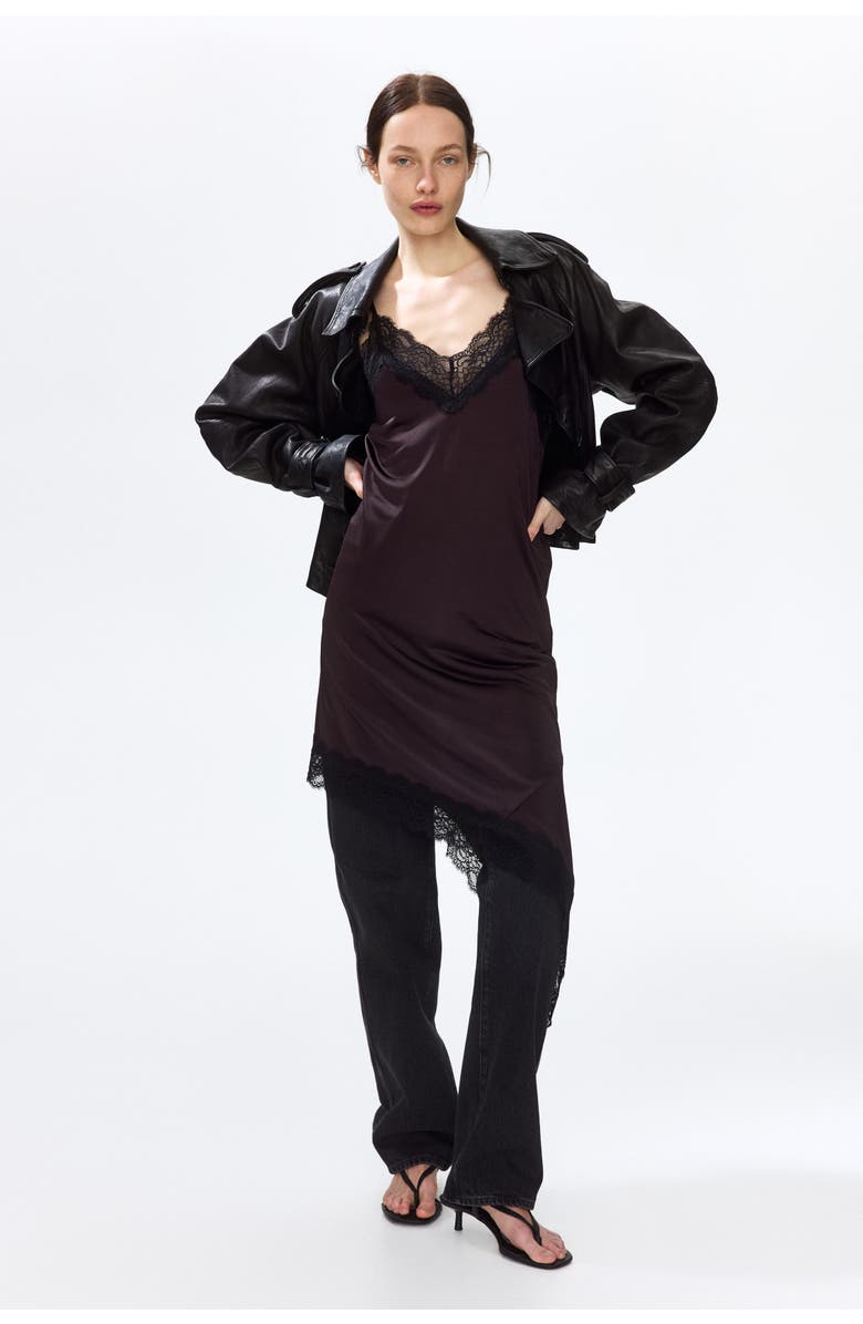 H&M Lace-trimmed slip dress, Main, color, Dark Brown/Black