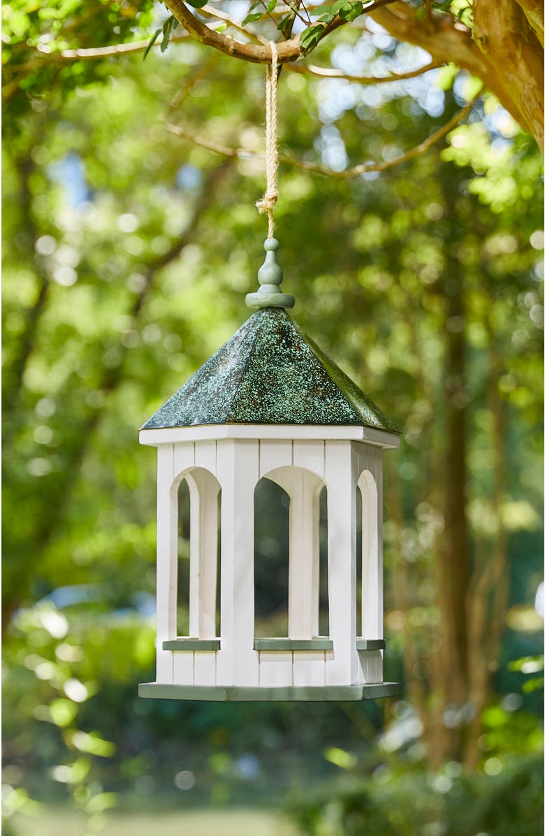 Glitzhome 15.75"H Wood Gazebo Metal Patina Finish Roof Birdfeeder, Alternate, color, Green