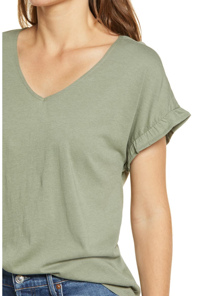 Flutter Sleeve V-Neck T-Shirt, Alternate, color, GREEN DUNE