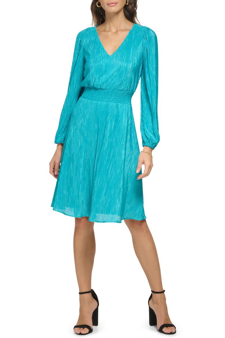 Pleated V-Neck Long Sleeve A-Line Dress, Main, color, LAGOON