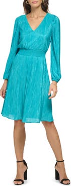 Kensie Pleated V-Neck Long Sleeve A-Line Dress