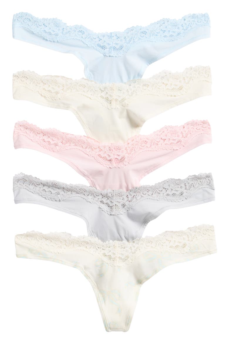 5-Pack Fits Everybody Lace Dipped Thong, Main, color, IVORY PEARL BOW MULTI