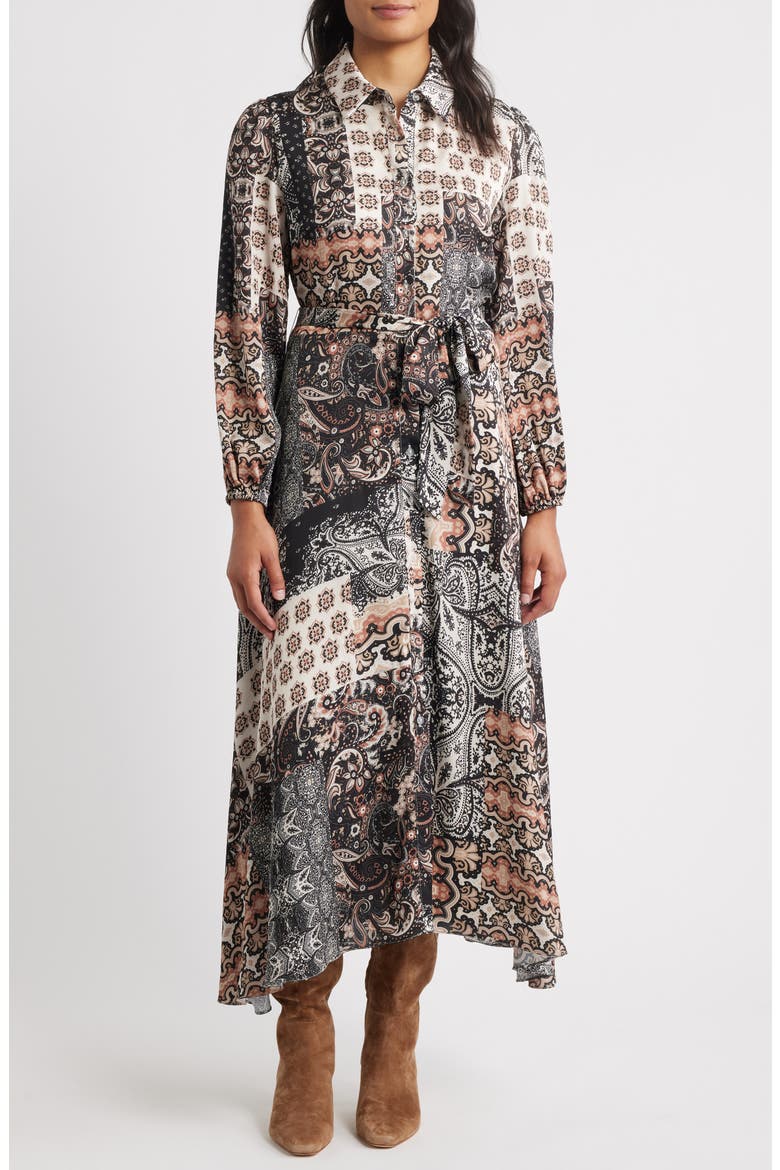 Mixed Print Long Sleeve Shirtdress, Main, color, BLACK BROWN