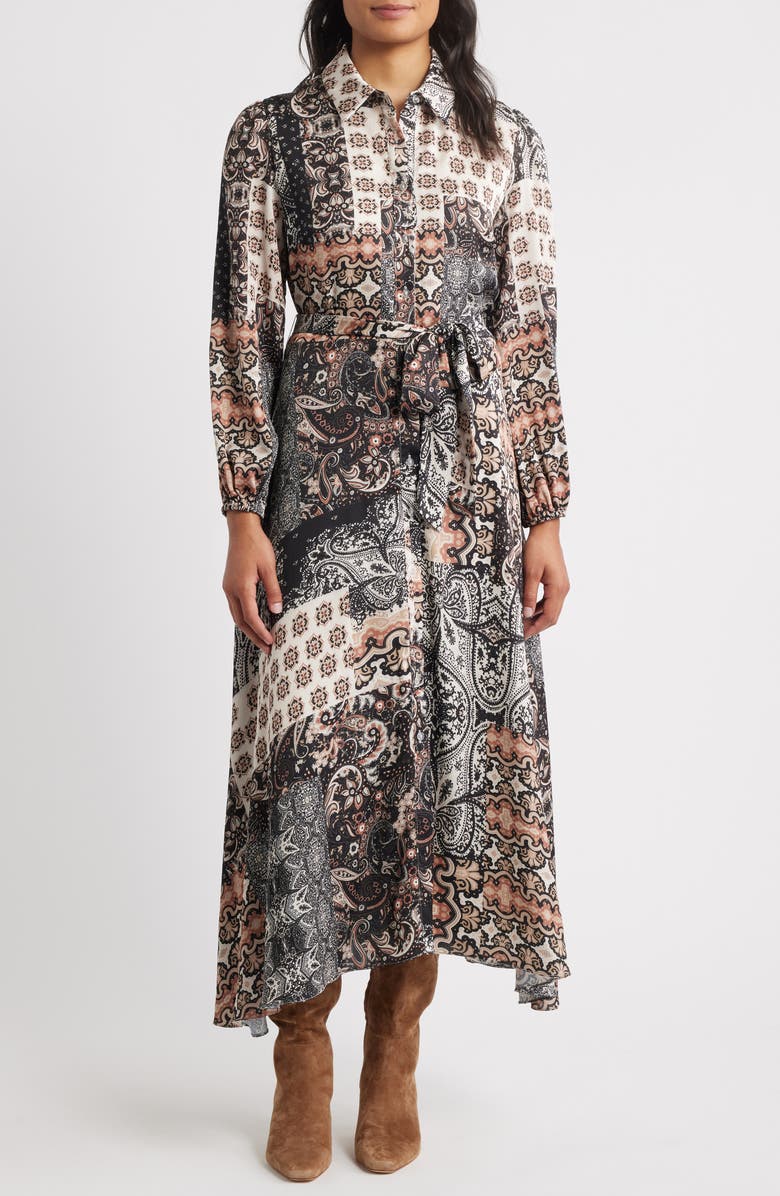 Julia Jordan Mixed Print Long Sleeve Shirtdress, Main, color, Black Brown
