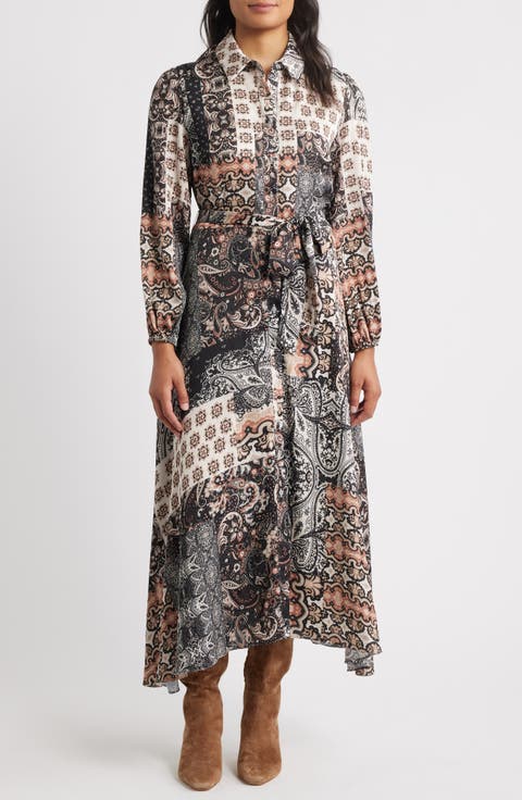 Mixed Print Long Sleeve Shirtdress